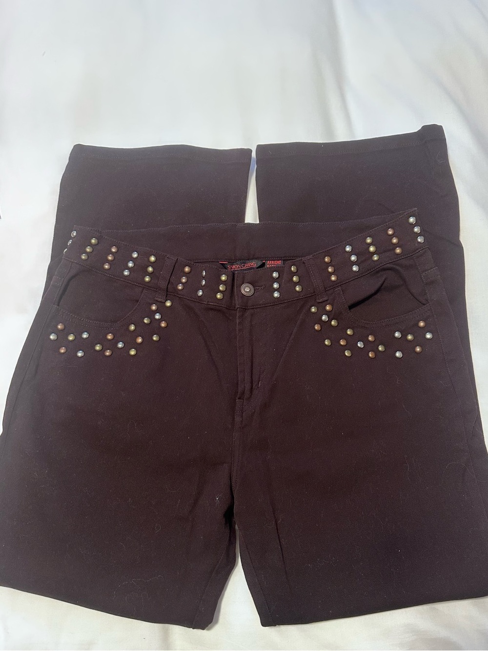 Simon Chang Size14 Dark Brown Stretch Denim Studded Jeans Limited Edition